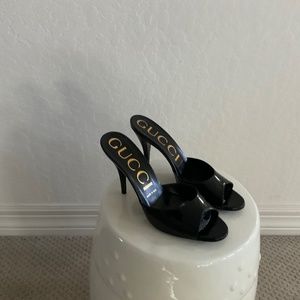 Gucci Women’s Black Leather Open Toe High Heel Slide